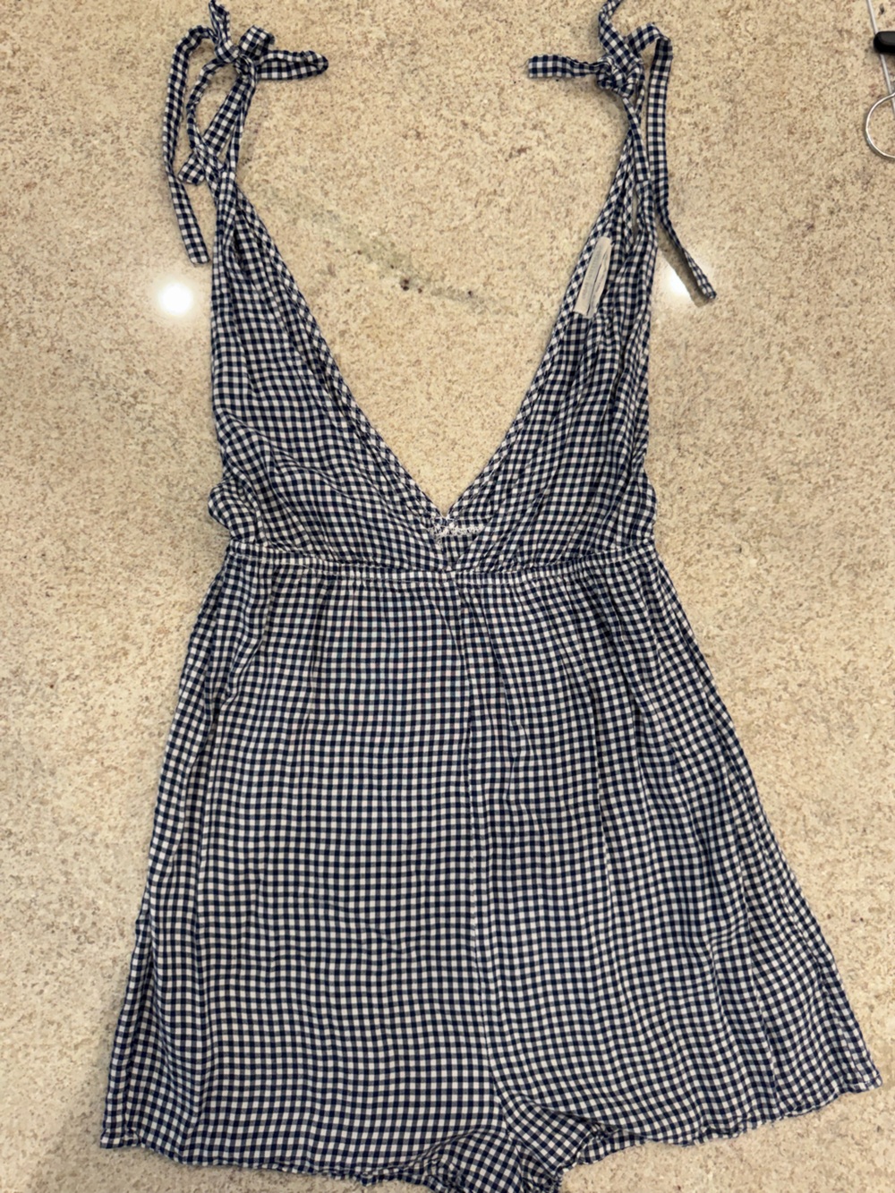 Urban Outfitters Navy and White Gingham Tie-Back Top